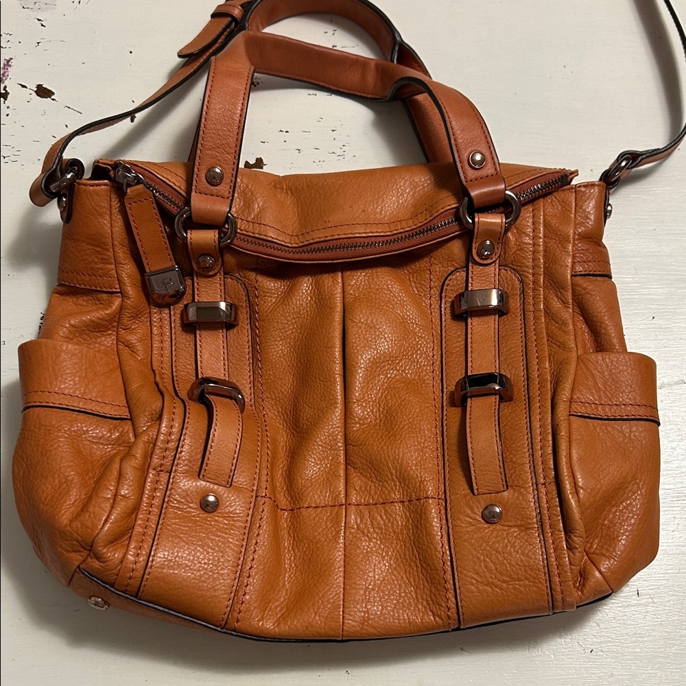 B. Makowsky Leather Tribeca Tote Hobo Shoulder Bag Pumpkin Orange